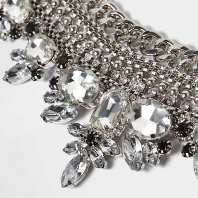Silver tone embellished pave choker necklace